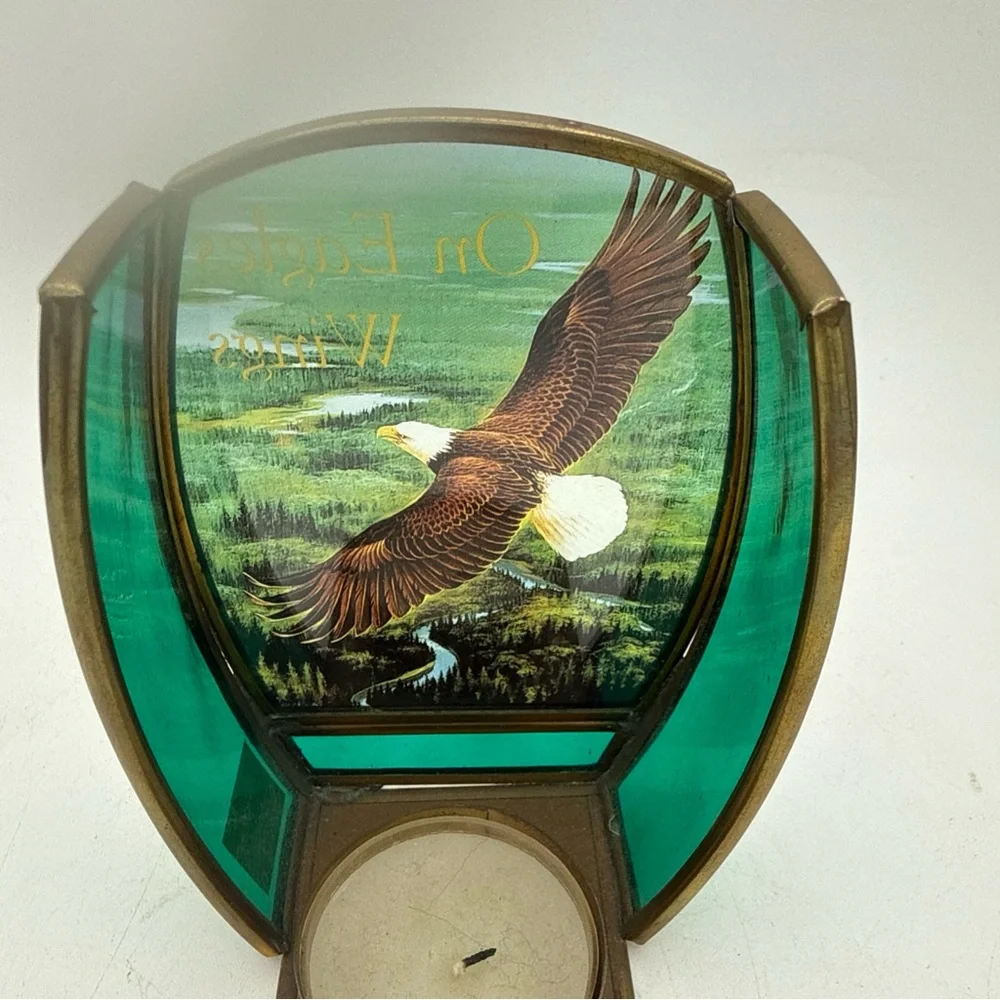 Enesco Stained Glass w/ brass Panel Candle Holder Bald Eagle on Eagles Wings